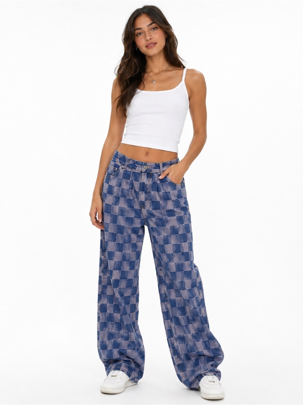 Women's Checkerboard Wide Leg
Jeans 14 Blue Cotton Blend High
Rise Baggy Pants